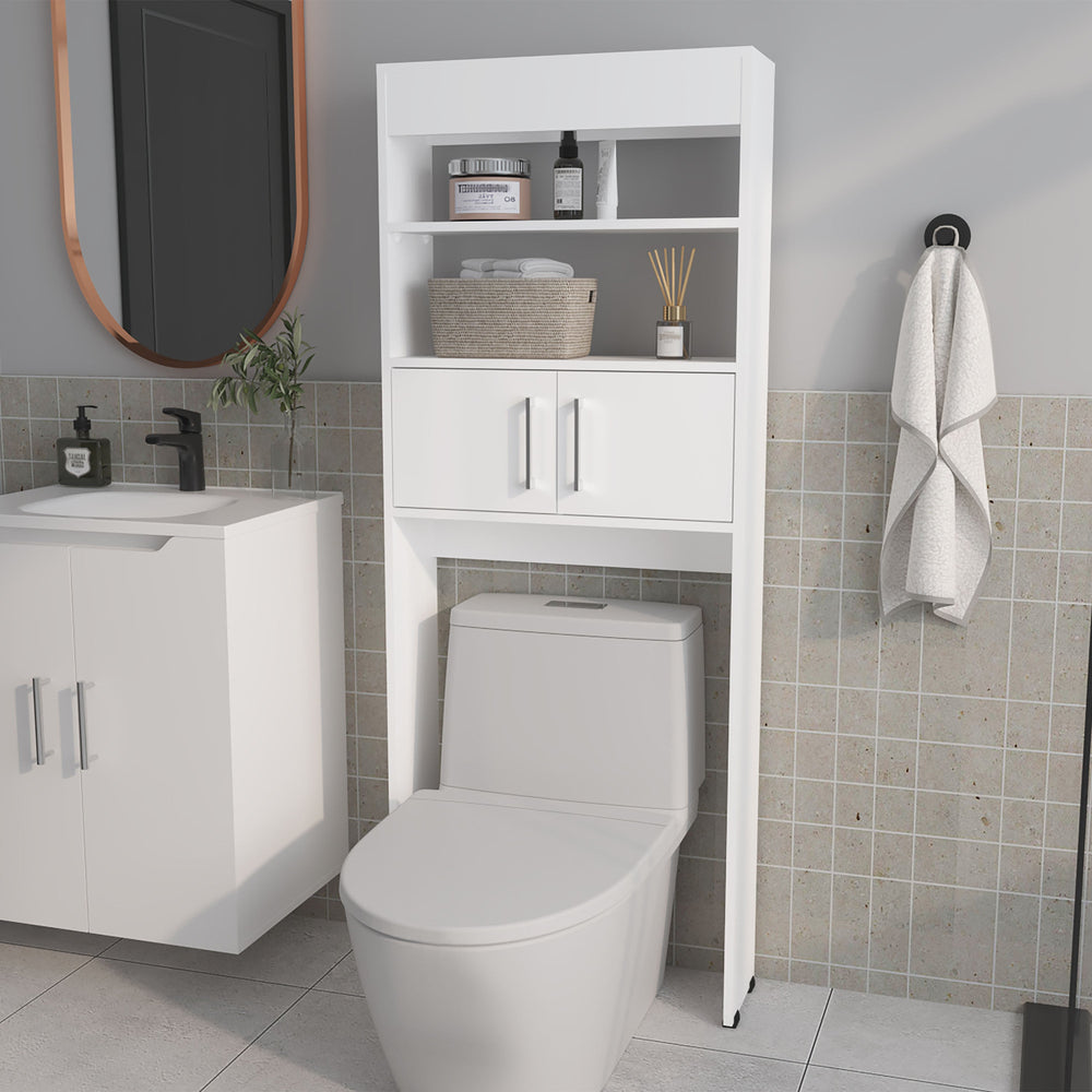 English Elm White Over Toilet Bathroom Cabinet with Enclosed Doors and Open Storage Shelves B062P461068