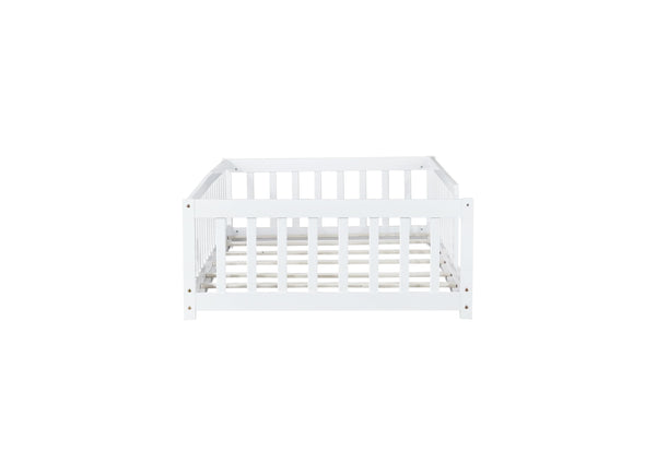 English Elm Twin Solid Rubberwood Floor Bed with Full Perimeter Safety Rails for Toddler Rooms White W504P296795