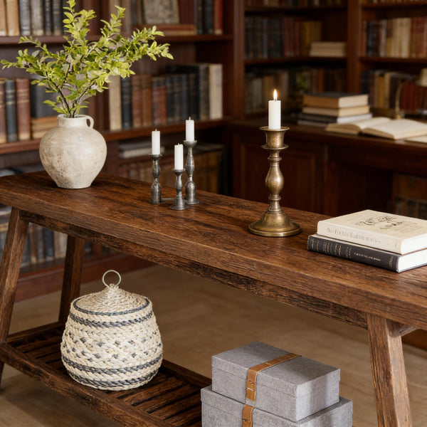 English Elm Hall Console Table Industrial Rustic Two Tier Wood Tone Metal Frame Entryway Sofa Brown T3971P451358