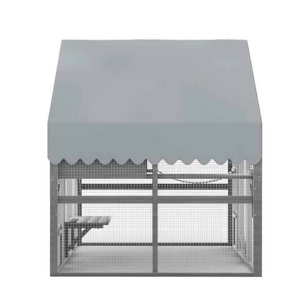 English Elm Cat, Outdoor Wood Enclosure Multi-level Shelter with Platforms Resting Boxes Waterproof Canopy W1598S00039