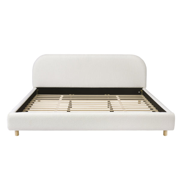 English Elm King Platform Bed Curved Boucle Upholstered Headboard Solid Rubberwood Legs Modern Bedroom N757P411870K