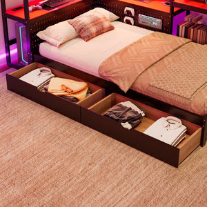 English Elm Twin Gaming Daybed with Led Strips Desk Pegboard Bookcase and Three Storage Drawers Black+Red N820S00083J