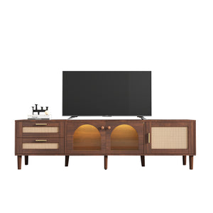 English Elm Rattan Modern TV Stand with 3 Cabinets & 2 Rattan Drawers, LED Light, Cable Management, 80" Capacity, Waterproof MDF Surface WF324225AAP