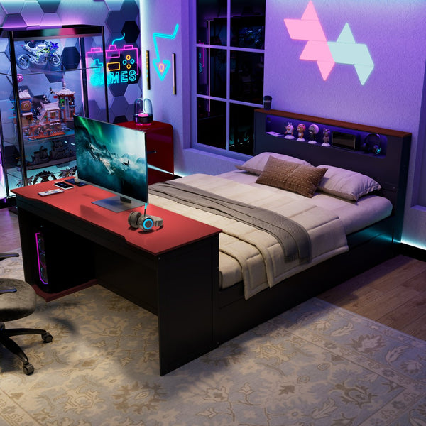 English Elm Full Size Wood Platform Daybed with Trundle Desk Rgb Led Lighting Gaming Bedroom Black+Red LT000284AAR