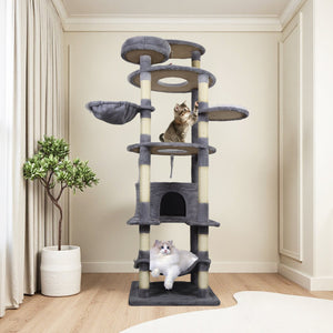 English Elm 71 Inch Floral Cat Tower with Condo Hammock Sisal Posts and Plush Perches for Large Breeds Dark Gray W243P326648