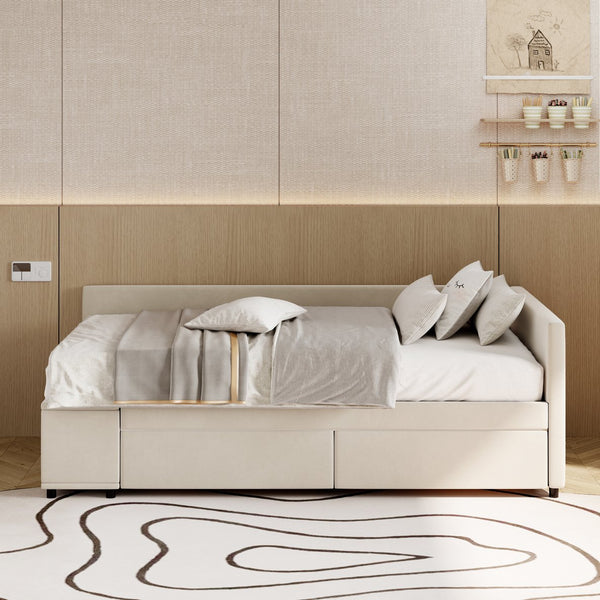 English Elm Twin Velvet L-Shaped Upholstered Platform Bed with Plush Headboard, Hidden Drawers & Cabinet Storage Beige SF000182AAA