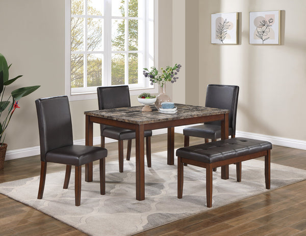 English Elm 5 5-Piece Dining Set with Faux Marble Top, Two-Tone Finish, Upholstered Chairs & Bench for Versatile Spaces B089P390143