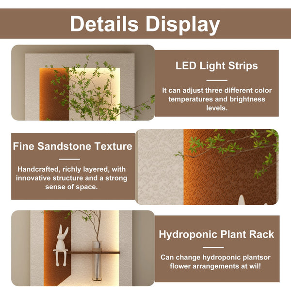 English Elm Adjustable Led Sandstone 3d Wall Art with Faux Botanicals and Rabbit Figurine Accent W2700P389346