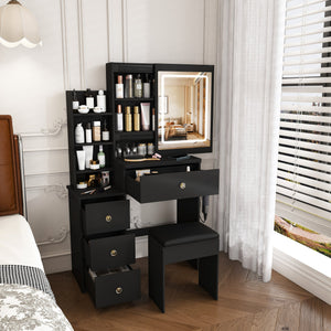 English Elm Modern Vanity Desk with Led Lighting Four Drawers Glossy Mdf and Dressing Chair W509P465829
