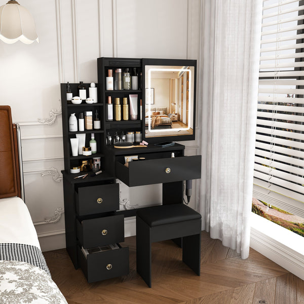 English Elm Modern Vanity Desk with Led Lighting Four Drawers Glossy Mdf and Dressing Chair W509P465829