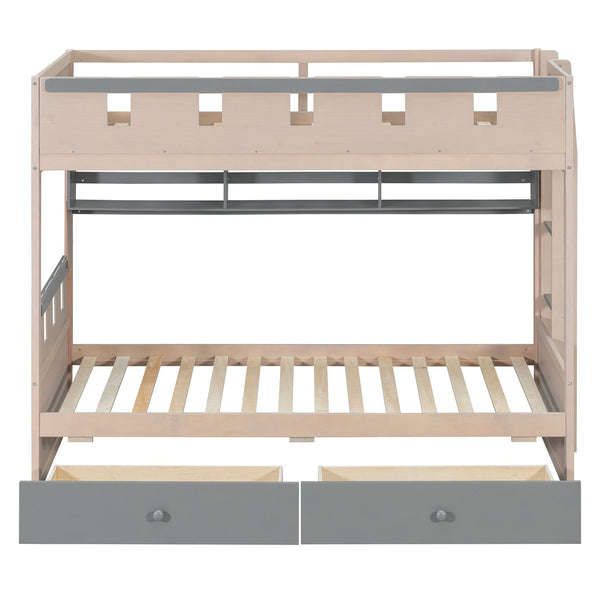 English Elm Twin Castle Bunk Bed with Led Lighting Built-in Shelf and Storage Drawers for Kids Gray LT000158AAE