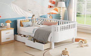 English Elm Twin Solid Wood Platform Bed with Guardrail for Kids, Low-Profile Sturdy Pine Frame, Safe Sleep Solution White 69.69 L x 18.5 W x 7.68 H W2593P331678