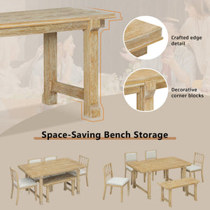 English Elm Trexm Farmhouse Dining Set Seats Six Oak Veneer Table Mixed Chairs Bench Included Beige,Natural Wood Wash ST000156AAE