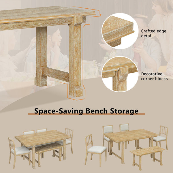 English Elm Trexm Farmhouse Dining Set Seats Six Oak Veneer Table Mixed Chairs Bench Included Beige,Natural Wood Wash ST000156AAE