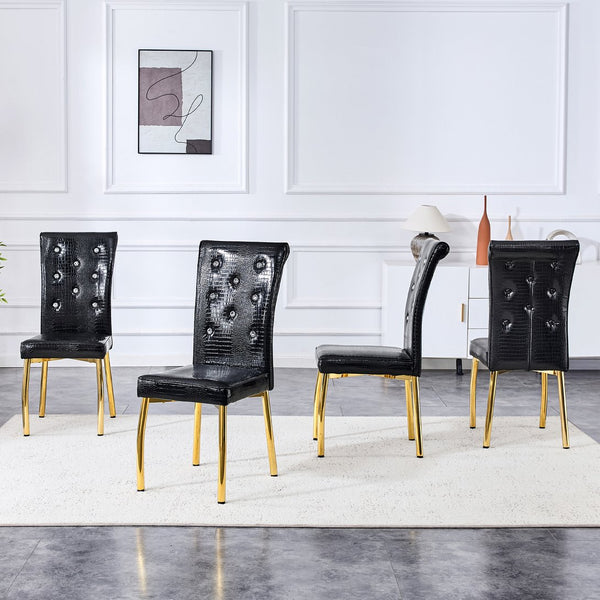 English Elm Set of 4 Glam Faux Leather Dining Chairs with Crystal Buckle and Gold Tone Legs Black+Gold W3226P311060