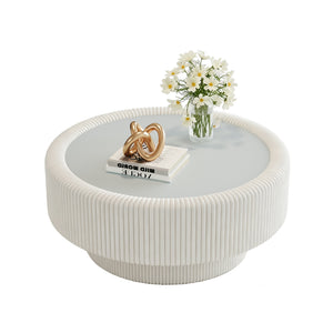 English Elm 31.5" Fluted Leather Round Coffee Table Tempered Glass Lift Top Hidden Storage Modern White W3158P450848