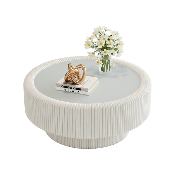 English Elm 31.5" Fluted Leather Round Coffee Table Tempered Glass Lift Top Hidden Storage Modern White W3158P450848