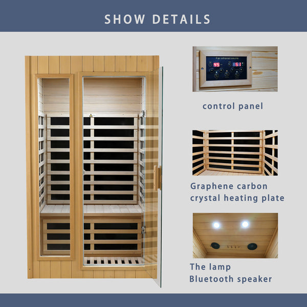 English Elm Hemlock Wood Two Person Far Infrared Indoor Sauna with Bluetooth and Led Lighting W2611S00002