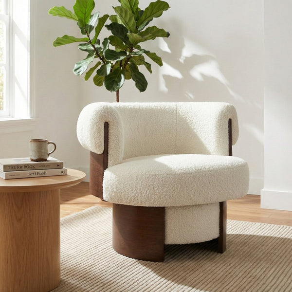 English Elm Modern Sculptural Barrel Swivel Chair Bentwood Frame Polyester Upholstery Accent Seating Beige N760P369230A