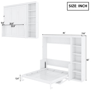 English Elm Full Murphy Bed with Storage Cabinets and Shelves, Space-Saving Wooden Wall Bed with 600lb Capacity White N7090004015K