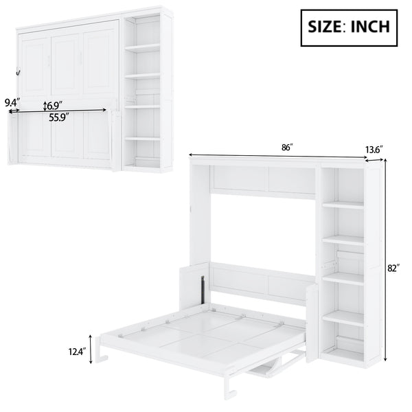 English Elm Full Murphy Bed with Storage Cabinets and Shelves, Space-Saving Wooden Wall Bed with 600lb Capacity White N7090004015K