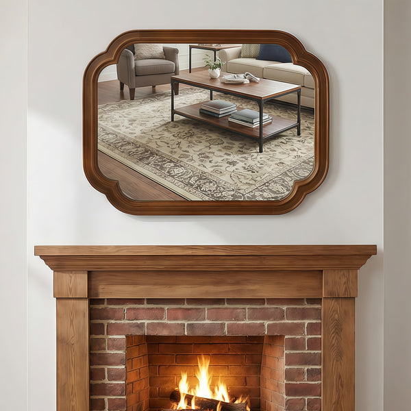 English Elm Black Walnut Solid Wood Frame Mirror with Rounded Corners for Bedroom or Entryway W2203P455260