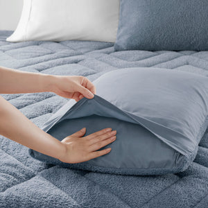 JLA Home Comfort Spaces - Double Diamond Plush Teddy Comforter Set with Double Diamond Quilting, Oeko-Tex, All-Season Cozy Luxury Blue AM10-0262