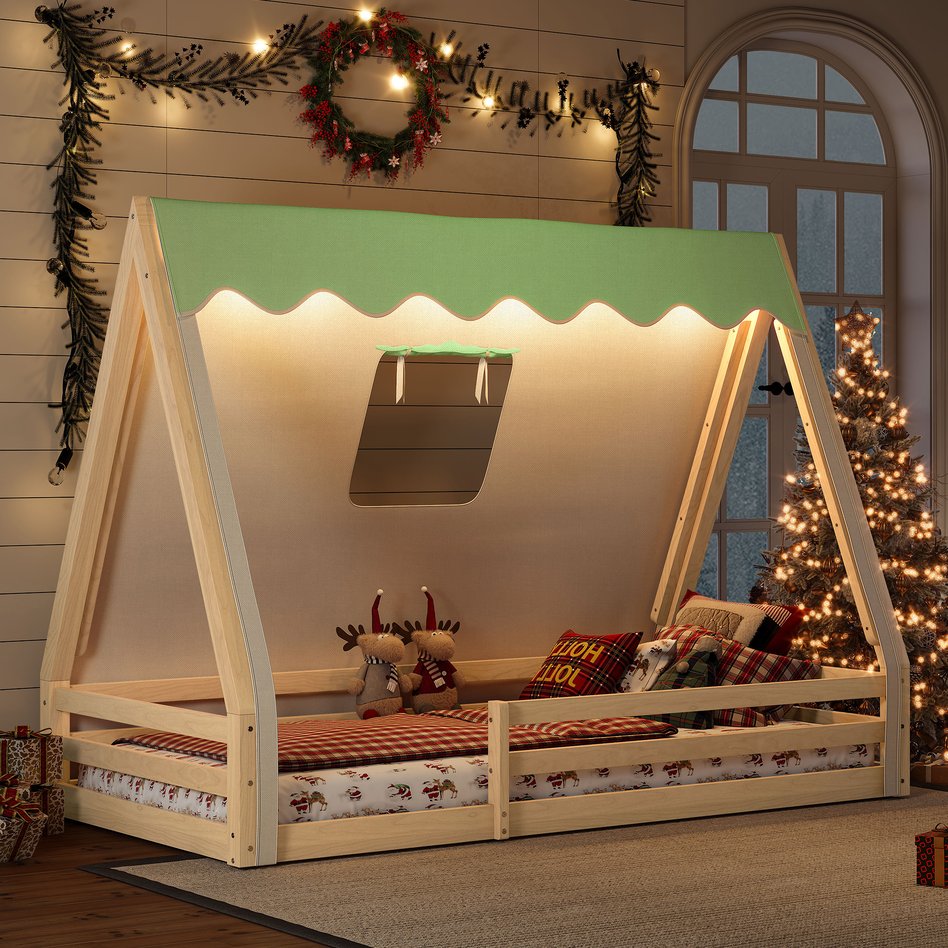 English Elm Twin Montessori Floor Bed Solid Pine Teepee Frame with Guardrails and Canopy Light W1580P369466