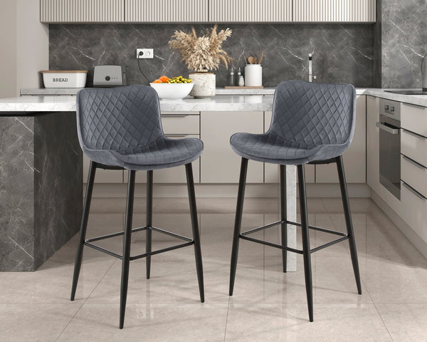 English Elm Set of 2 Counter Height Chairs with Diamond Stitch Velvet Upholstery and Sleek Black Metal Legs, 24" Seat Dark Gray 29.5 L x 26.25 W x 15.5 H B011P234284