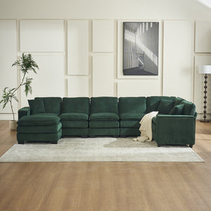 English Elm Modern U Shaped 6-Seat Sectional Sofa with Ottoman and 3 Toss Pillows, Corduroy Modular Comfort and Durable Frame Green W2363S00042