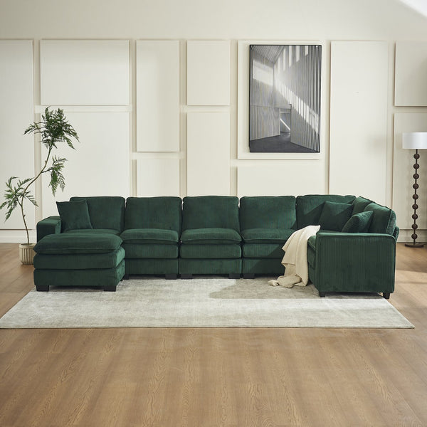 English Elm Modern U Shaped 6-Seat Sectional Sofa with Ottoman and 3 Toss Pillows, Corduroy Modular Comfort and Durable Frame Green W2363S00042