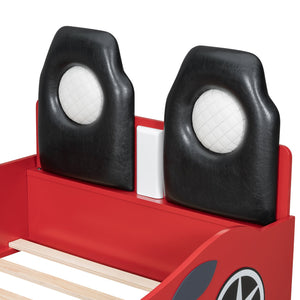 English Elm Wood Twin Race Car Platform Bed with LED Lighting, Upholstered Headrest, Sturdy Pine Build Red GX002218AAR