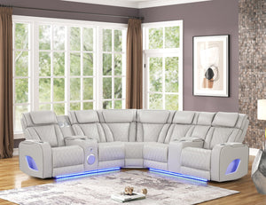 English Elm Fortuner Modern power recliner sectional with massage, Bluetooth speakers, LED lighting, USB charging, storage Beige B009S01798