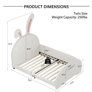 English Elm Twin Rabbit-Shape Upholstered Princess Bed with Headboard & Footboard, Sturdy Slat Platform, Durable MDF Frame White 42.91 L x 34.65 W x 6.5 H N733P198764K