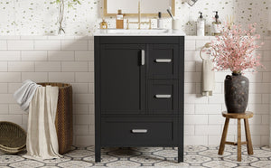 English Elm Modern 24 Inch Bathroom Vanity Solid Wood Cabinet with Ceramic Sink and Soft Close Storage Black N729P292859B