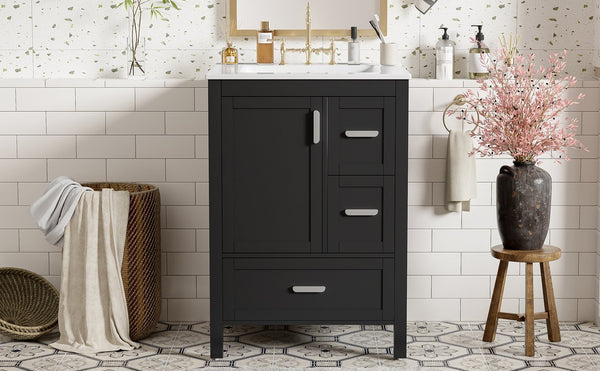 English Elm Modern 24 Inch Bathroom Vanity Solid Wood Cabinet with Ceramic Sink and Soft Close Storage Black N729P292859B