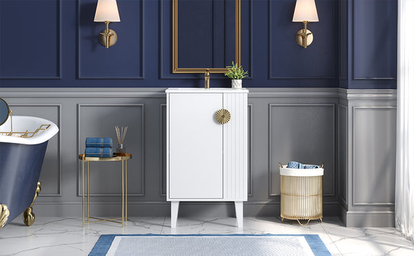 English Elm 20-inch French Style Bathroom Vanity with Integrated Ceramic Sink, Carved Accents & Soft-Close Door White N710P330971K
