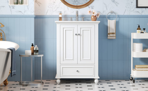 English Elm 24'' French Style Bathroom Vanity with Ceramic Sink Soft Close Cabinet and Drawer White N710P411227K