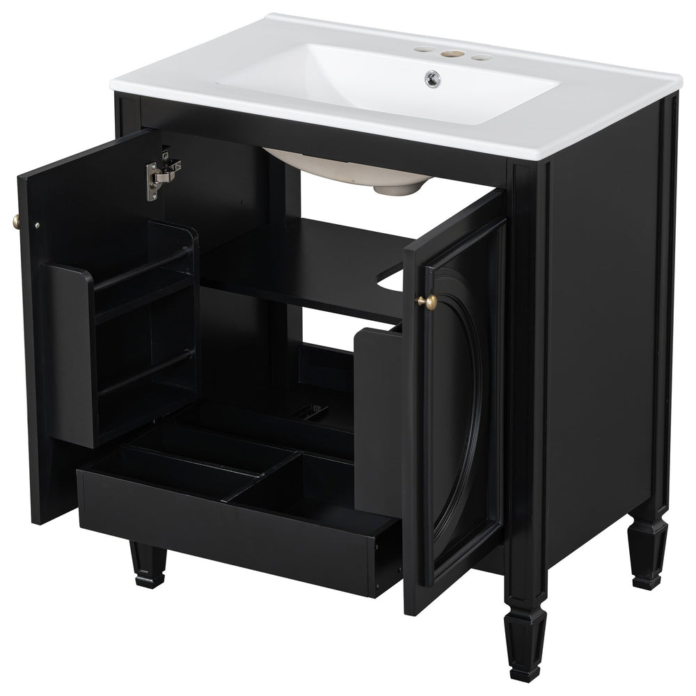 English Elm Christopher Knight Home® - 30" Bathroom Vanity with Sink Vintage Freestanding Ceramic Top Soft-Close Doors Gold Knobs, Storage Black N759P226000B