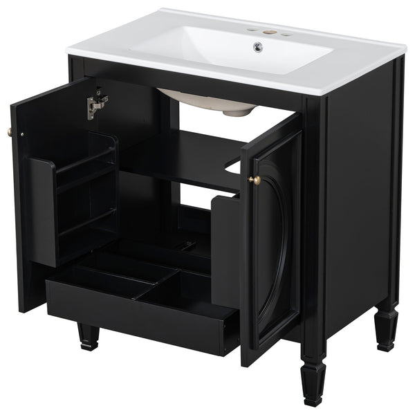 English Elm Christopher Knight Home® - 30" Bathroom Vanity with Sink Vintage Freestanding Ceramic Top Soft-Close Doors Gold Knobs, Storage Black N759P226000B