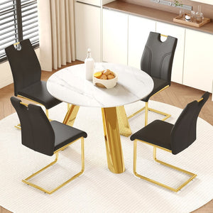 English Elm Table 5-Piece Set: 42-Inch Round Stainless Steel Dining Table With Elegant Black Chairs & Gold Legs W2920S00047-GIGA