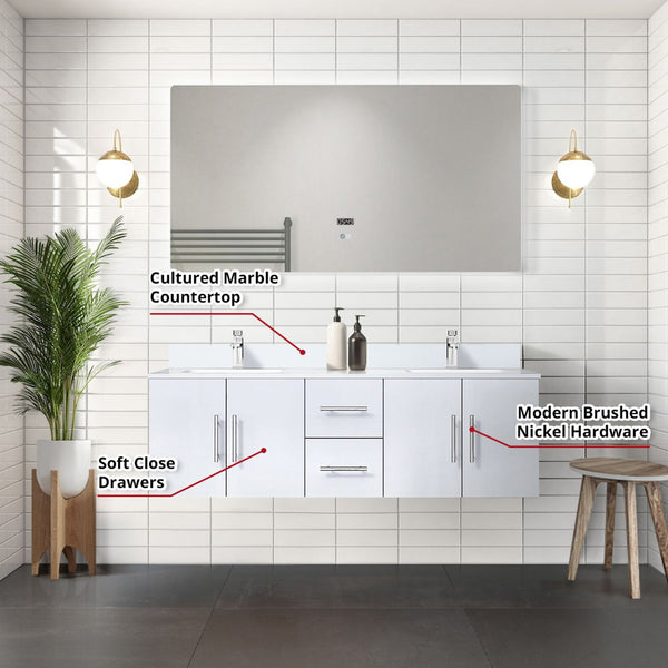 English Elm Glossy Double 60 in. White Bath Vanity with Scratch-Resistant Marble Top, Chrome Faucets, LED Mirror B2731S01017