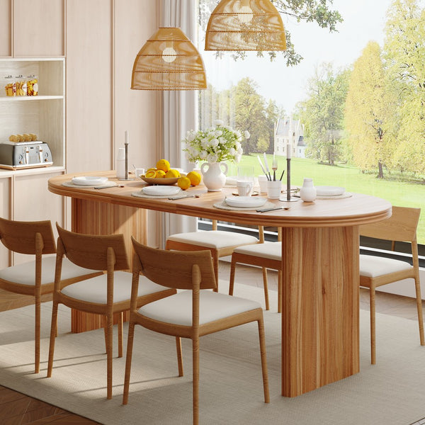 English Elm 55.11"-70.86" Extendable Dining Table with Sculpted Striped Legs Seats Six in Modern Style Natural Walnut W757P411752