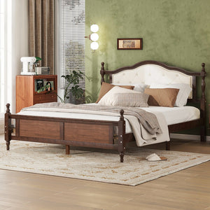 English Elm Queen Pine Upholstered Headboard Bed in Walnut — Modern Minimalist Queen Platform with Dual Support Feet, Space-Saving Design W504P268435