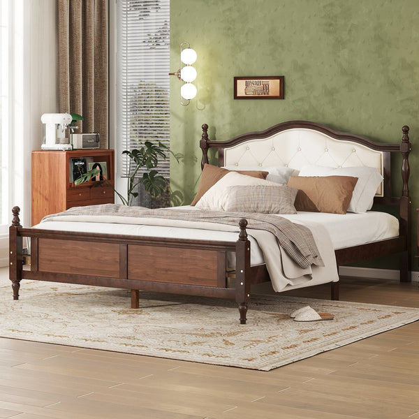 English Elm Queen Pine Upholstered Headboard Bed in Walnut — Modern Minimalist Queen Platform with Dual Support Feet, Space-Saving Design W504P268435