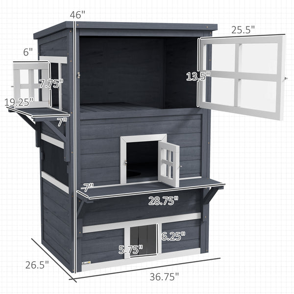 English Elm PawHut Outdoor 3-Story Cat House with Raised Floor, Asphalt Roof, Escape Doors & Play Platforms Dark Gray W2225P229411