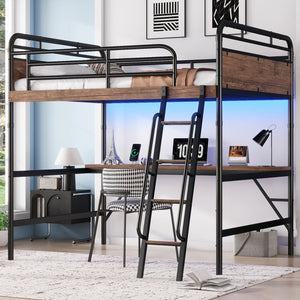 English Elm Full Size Metal Loft Bed with Desk, LED Light & Charging Station, MDF Panels, Safe Rounded Edges W2580P286695