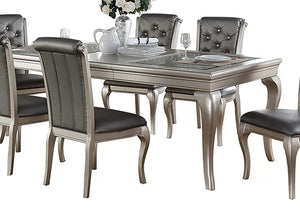 English Elm Traditional Silver Hue Italian-Inspired 66" Round Dining Table with 18" Leaf, Tufted Faux Leather Accents B011P322613