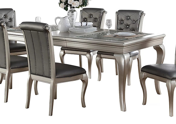 English Elm Traditional Silver Hue Italian-Inspired 66" Round Dining Table with 18" Leaf, Tufted Faux Leather Accents B011P322613