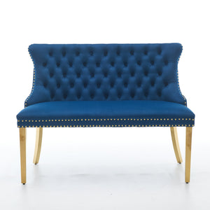 English Elm Velvet Wingback Dining Bench Tufted Two Seat Mid Century Modern Brushed Steel Base Blue W1143P406979